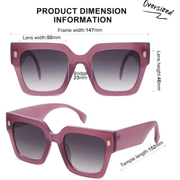 Women's Luxury Large Vintage Oversized Square Eyes Protecting Purple Sunglasses - Picture 4 of 6